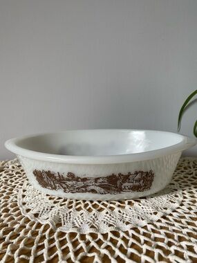 Vintage Glasbake Milk Glass Baking Dish with Brown Scenic Transfer 1 QT